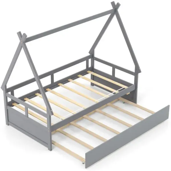 Twin Size House Bed with Trundle and Safety Guardrail