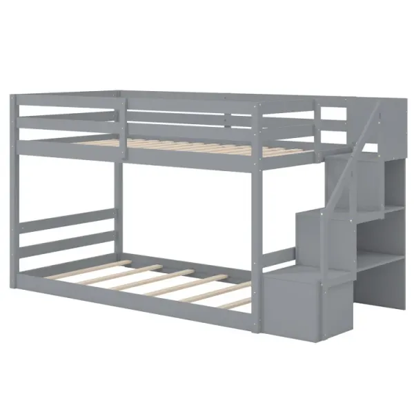 Twin Over Twin Low Bunk Bed with Storage Stairs Solid Wood Floor Bunk Bed Frame