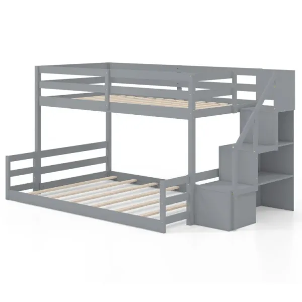 Solid Wood Twin Over Full Low Bunk Bed with Storage Stairs