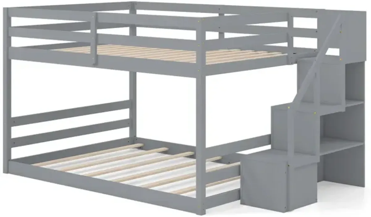 Solid Wood Full Over Full Low Bunk Bed with Storage Stairs