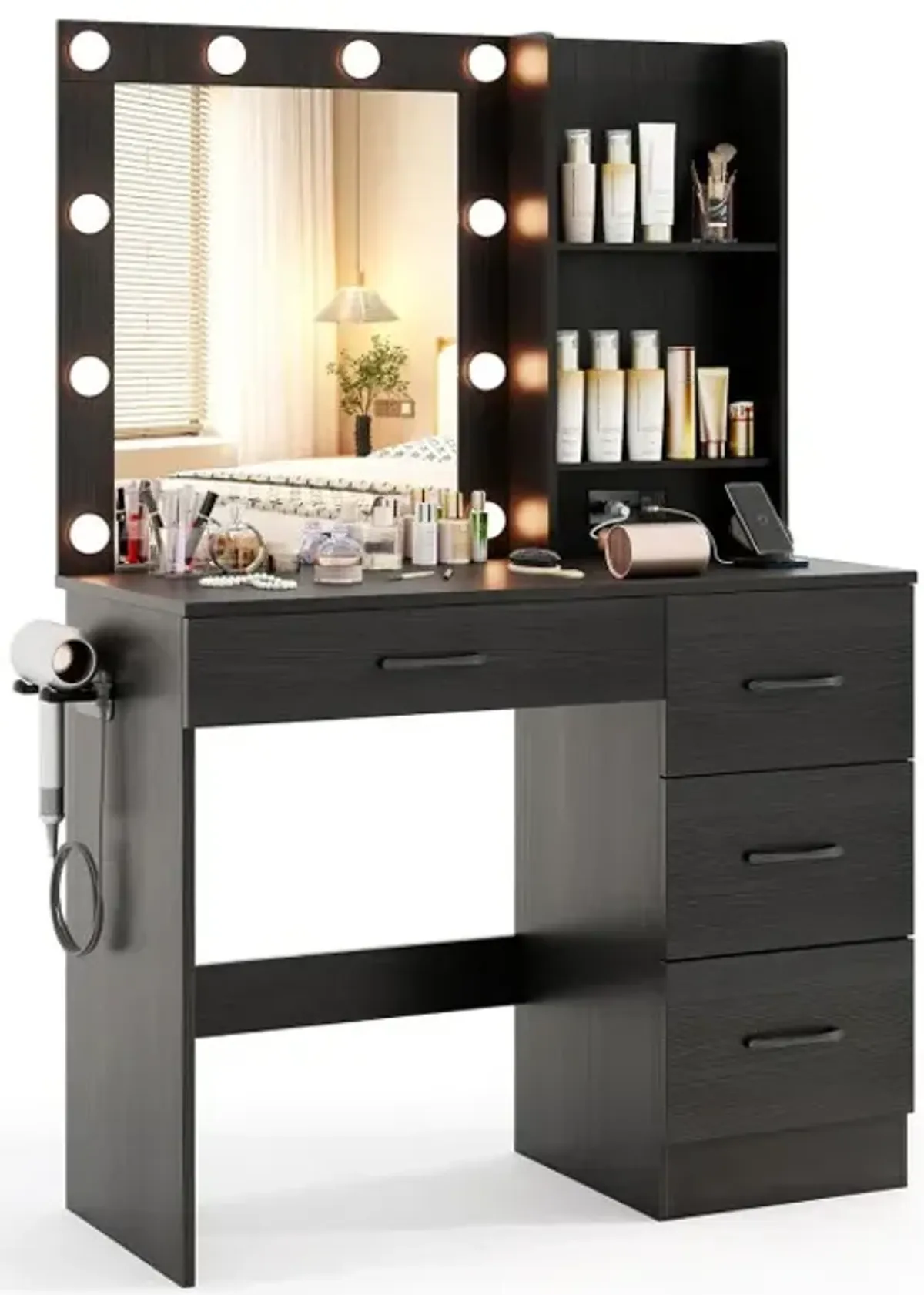 Vanity Desk with 3-Color Lights and Power Outlets