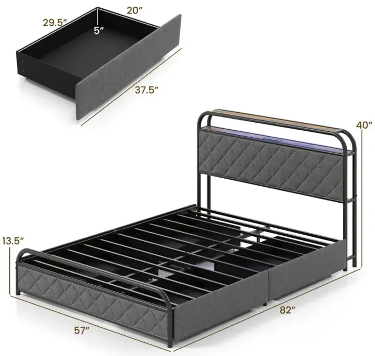 Twin/Full/Queen Size Bed Frame with LED Lights and Charging Station