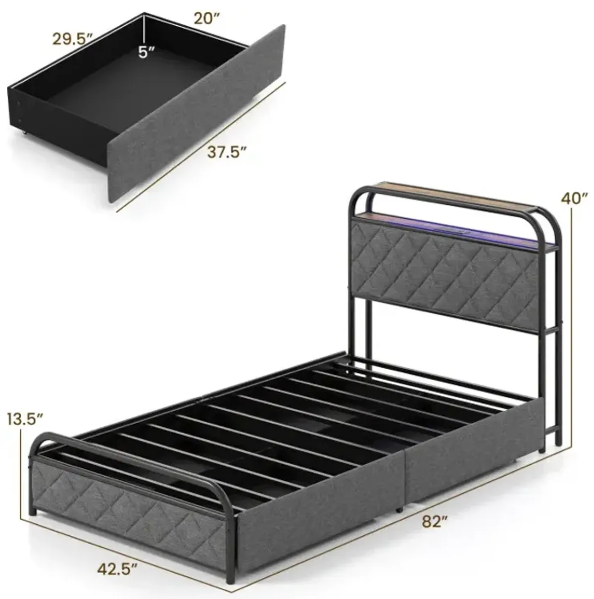 Twin/Full/Queen Size Bed Frame with LED Lights and Charging Station