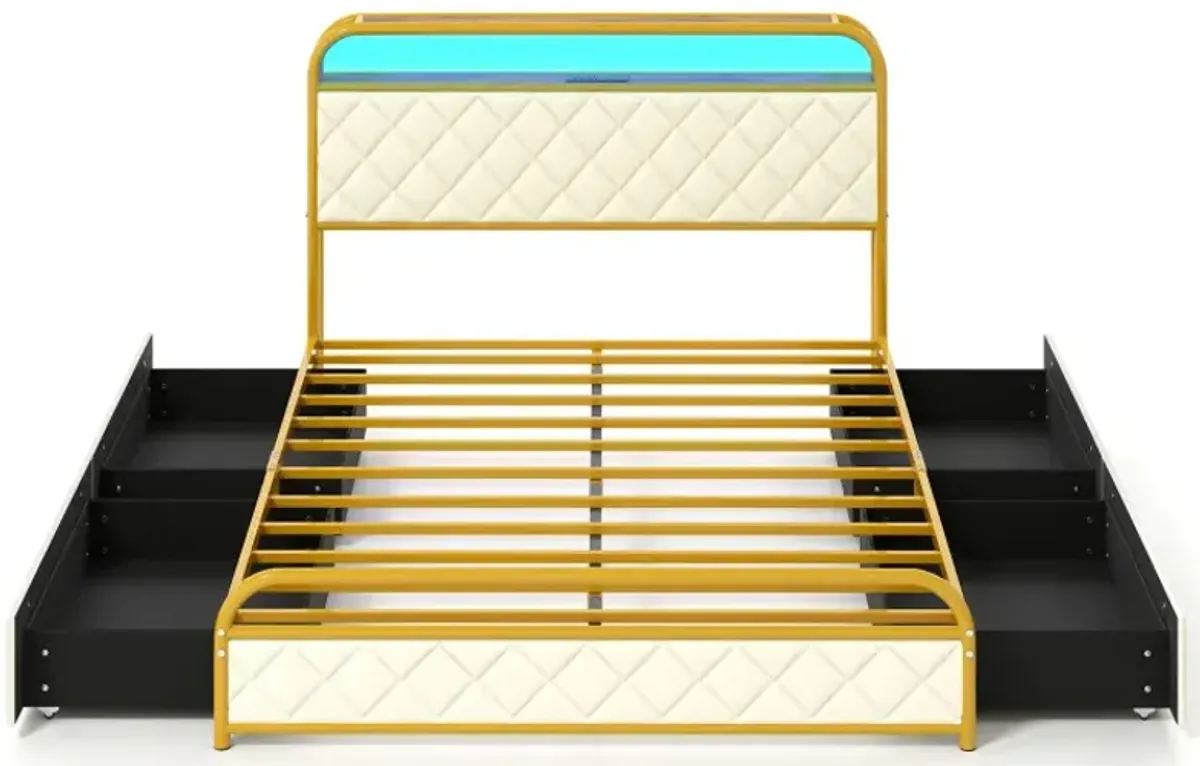 Twin/Full/Queen Size Bed Frame with LED Lights and Charging Station Golden