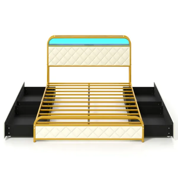 Twin/Full/Queen Size Bed Frame with LED Lights and Charging Station Golden
