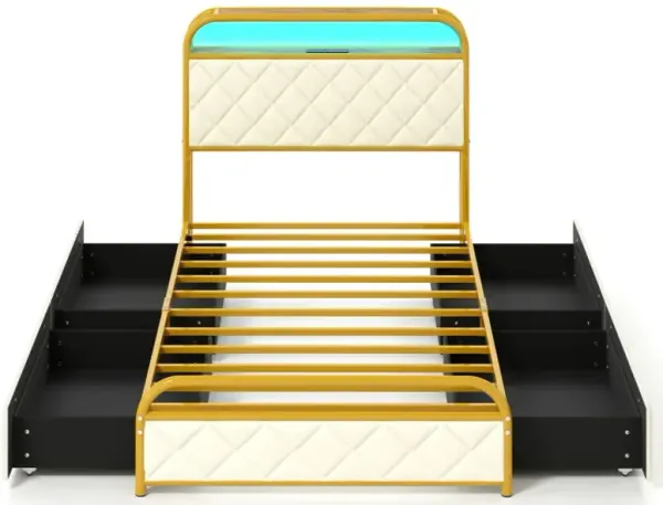 Twin/Full/Queen Size Bed Frame with LED Lights and Charging Station Golden