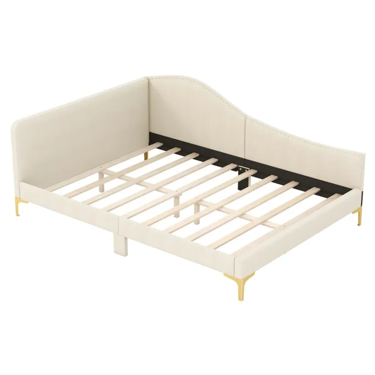 Full/Twin Size Upholstered Daybed with Metal Legs and Wood Slats