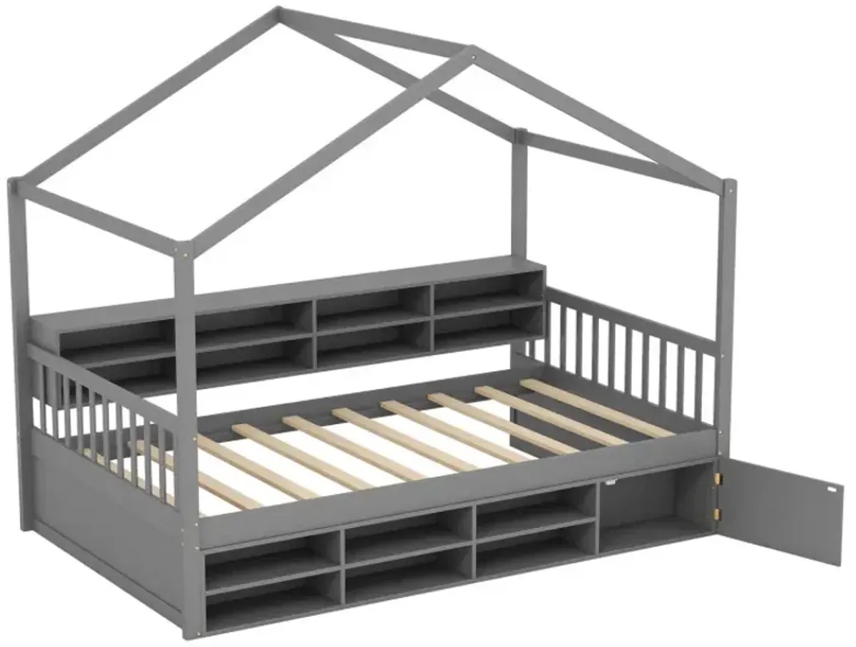Twin Size House Bed with Roof with 14 Storage Cubes and Enclosed Cabinet