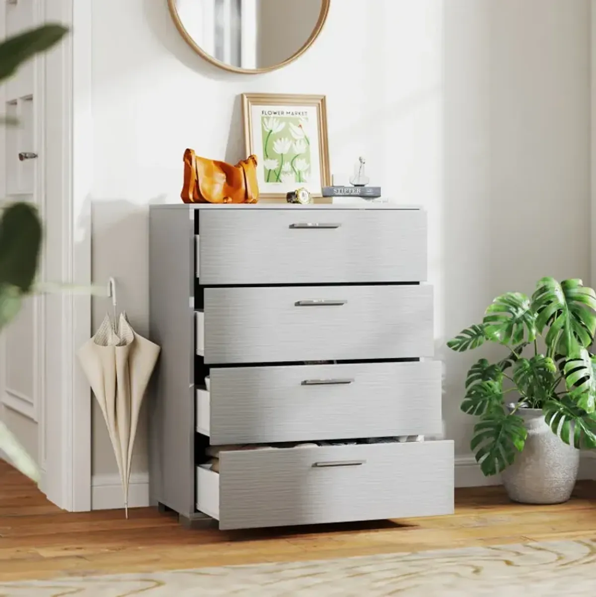 4 Drawer Storage Cabinet with Metal Legs Handles with Anti-Toppling Devices