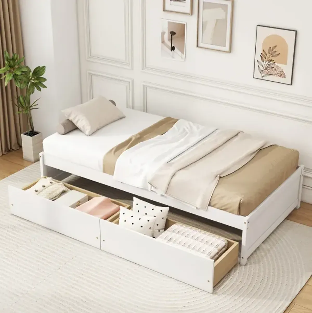 Twin Size Captain Bed with 2 Drawers and Slats Support