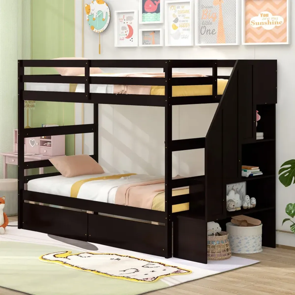 Twin Over Twin Bunk Bed with Storage Stairs and Drawers