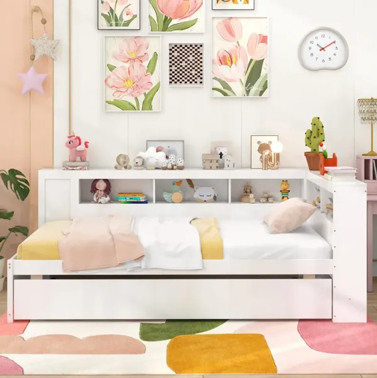 Twin Size Daybed Platform Bed Frame with Trundle and Bedside Shelves