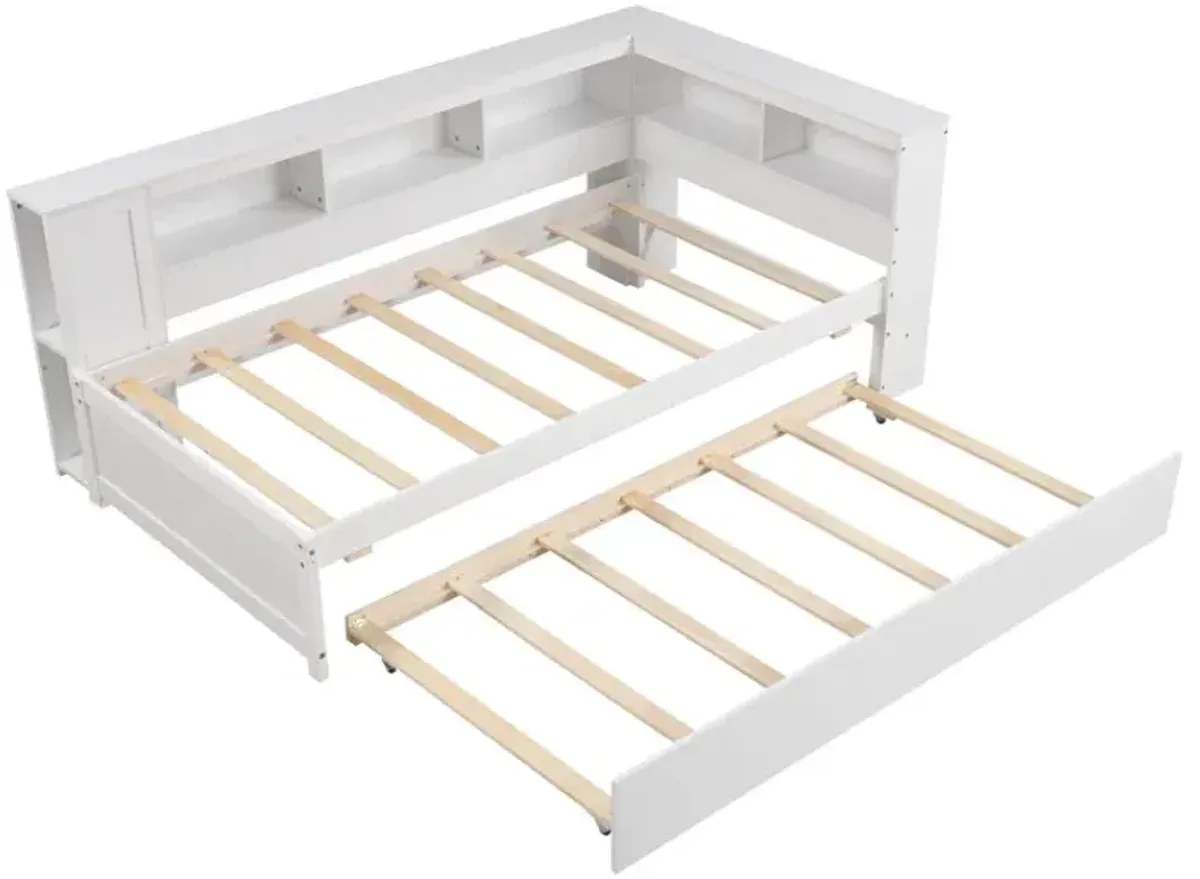 Twin Size Daybed Platform Bed Frame with Trundle and Bedside Shelves