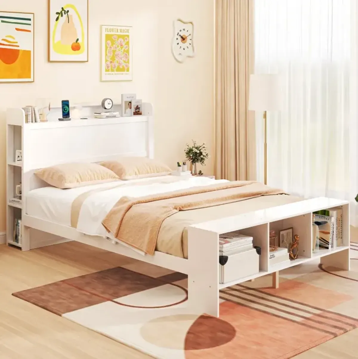Twin/Full Size Bed Frame with 2 USB Ports with Storage Headboard and Lights