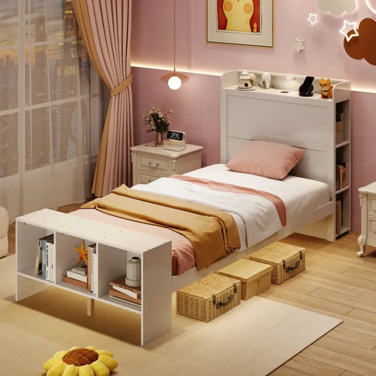 Twin/Full Size Bed Frame with 2 USB Ports with Storage Headboard and Lights
