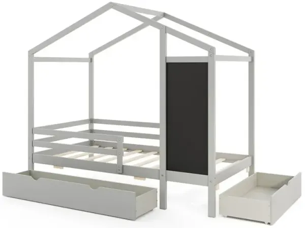Kids Twin Size Bed with 2 Drawers Solid Wood Bed with Blackboard