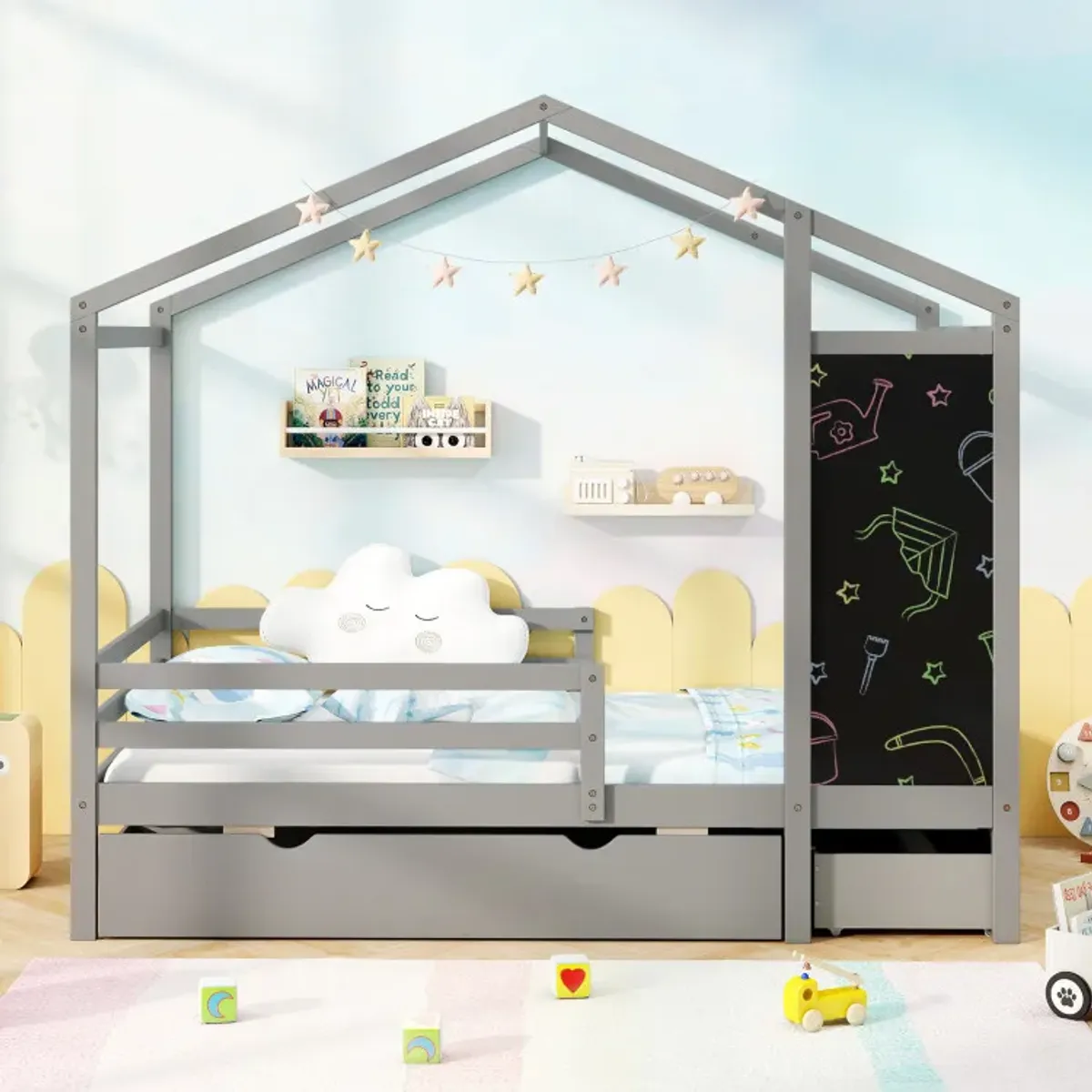 Kids Twin Size Bed with 2 Drawers Solid Wood Bed with Blackboard