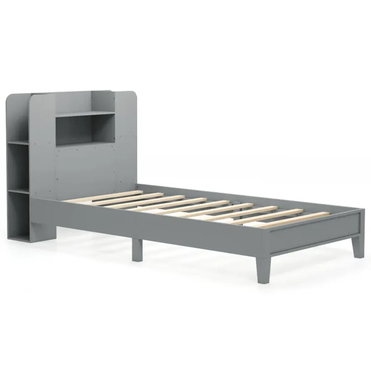 Twin Size Wooden Platform Bed Frame with Bookcase Headboard
