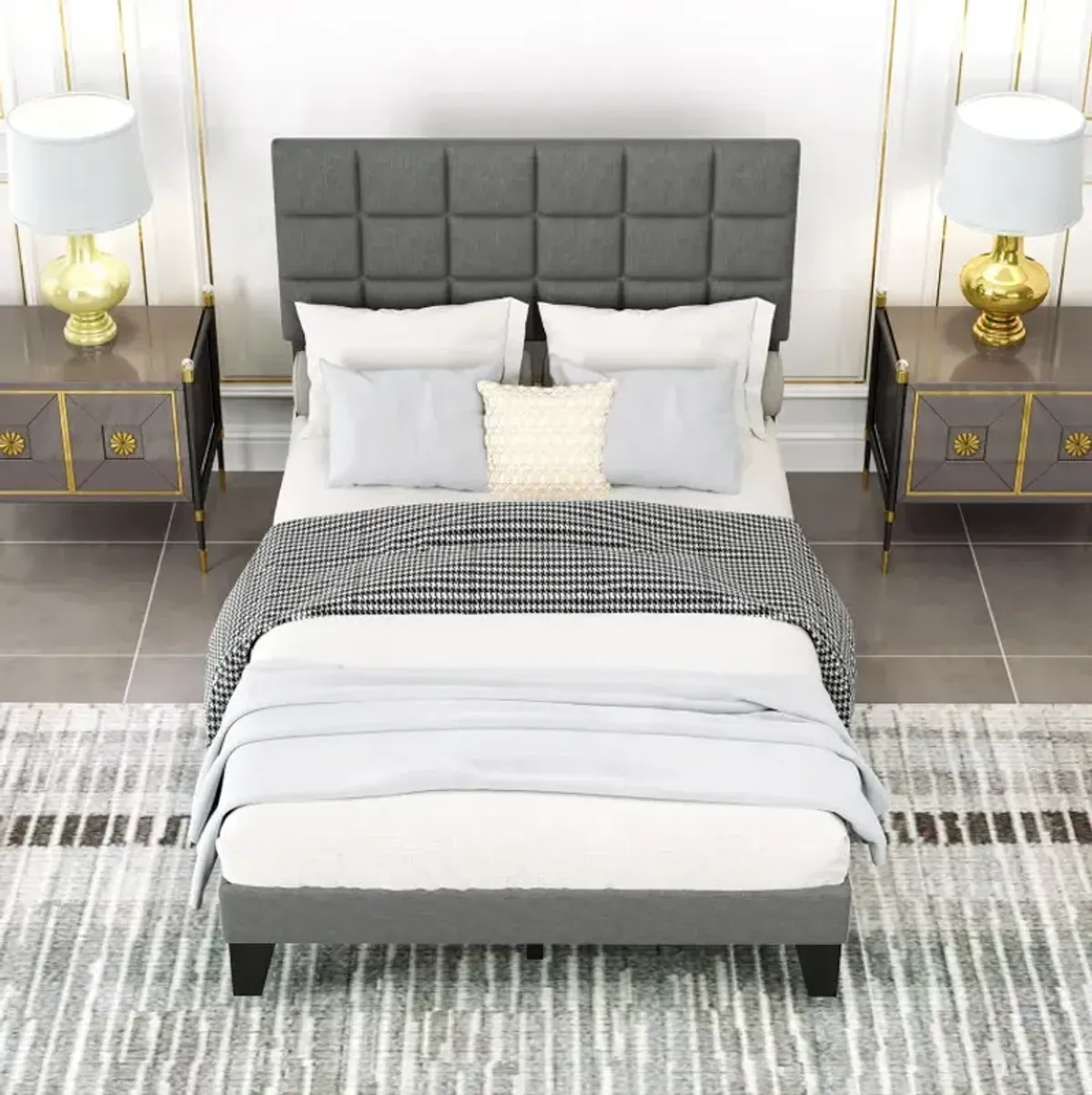 Full/Queen/King Size Modern Linen Bed Frame with Adjustable Headboard-Gray