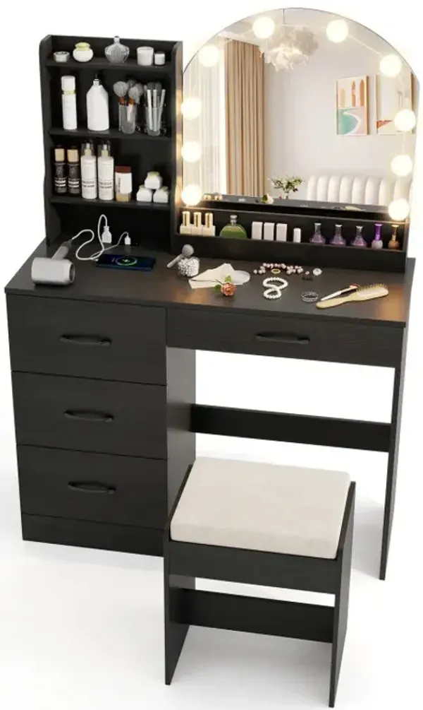 Makeup Vanity Desk Dressing Table and Stool Set with Mirror and Lights
