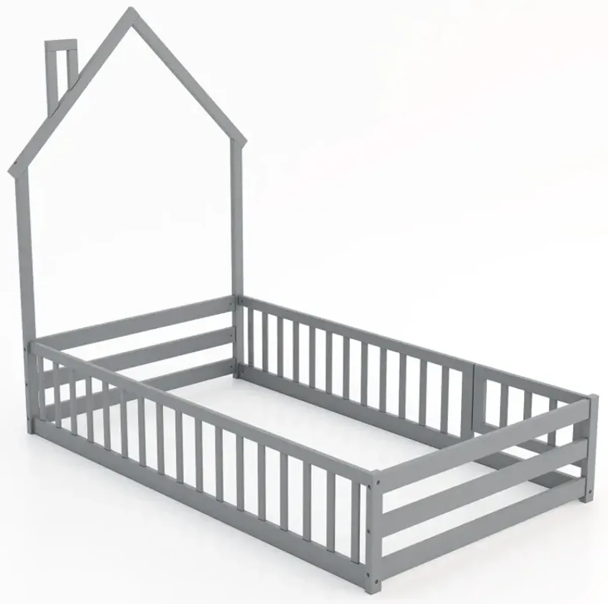 Twin Size Montessori Floor Bed with Lockable Door and Full-Length Guardrail