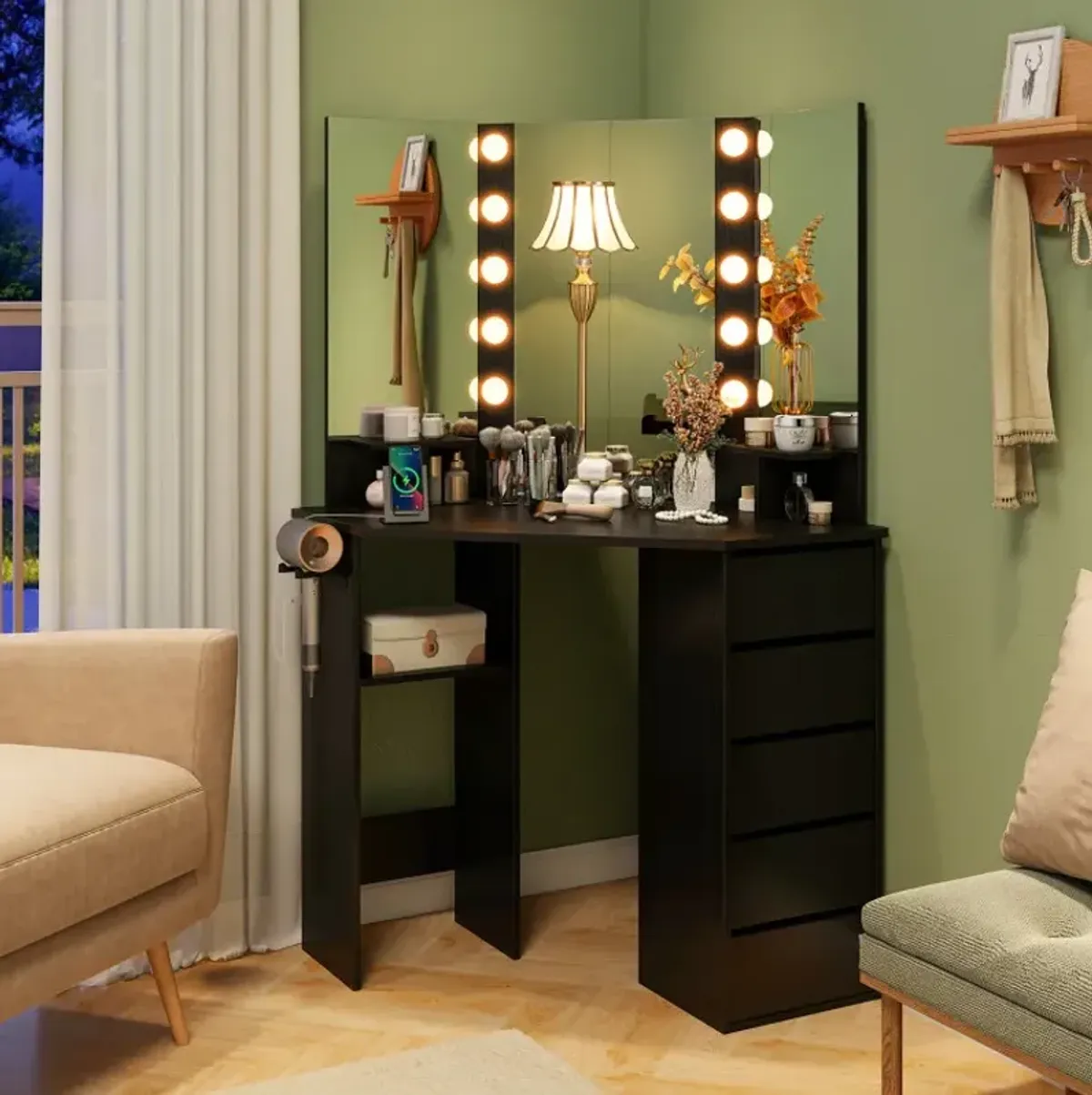 Corner Vanity Desk with 3-Color LED Lighted Mirror and Power Outlet