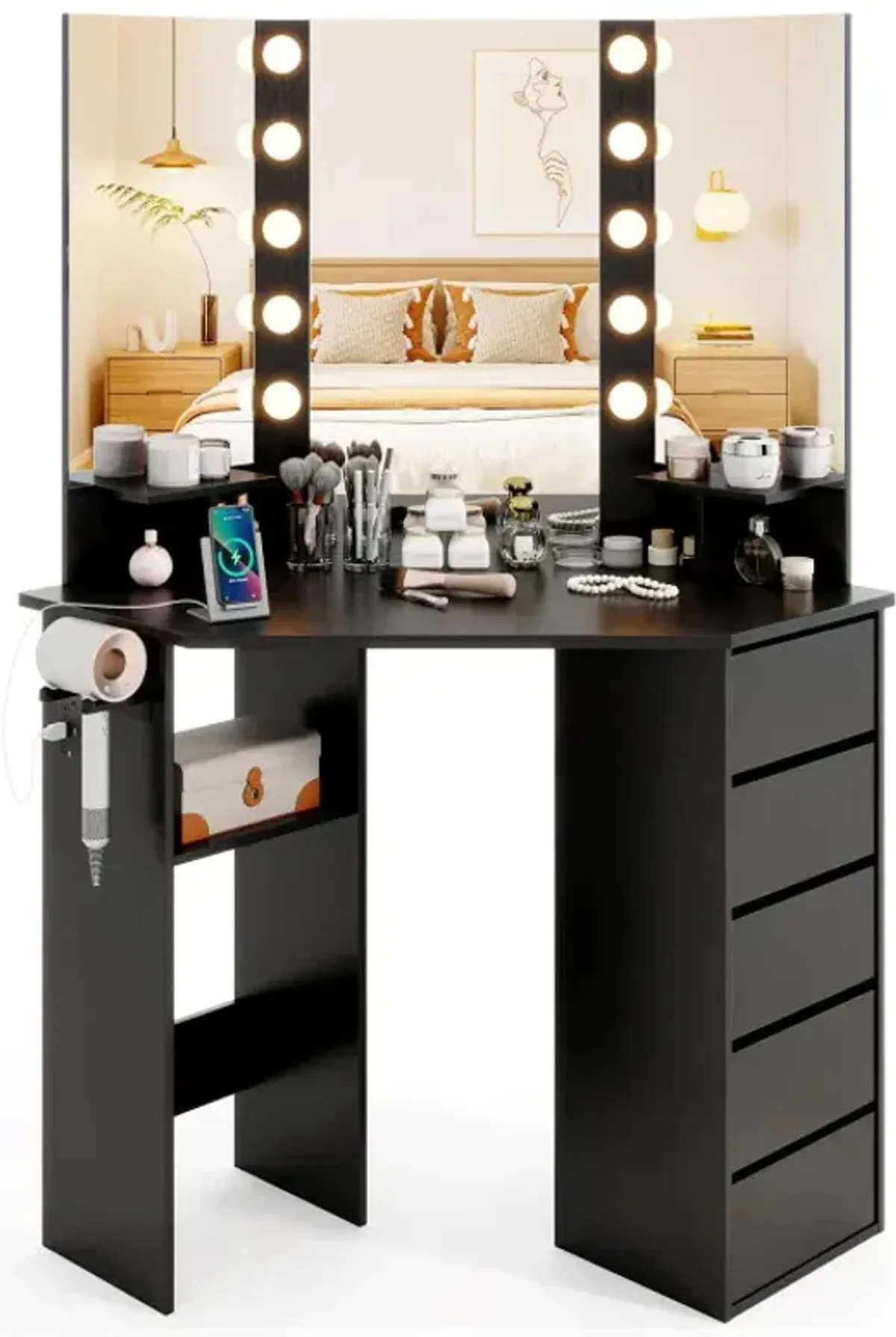 Corner Vanity Desk with 3-Color LED Lighted Mirror and Power Outlet