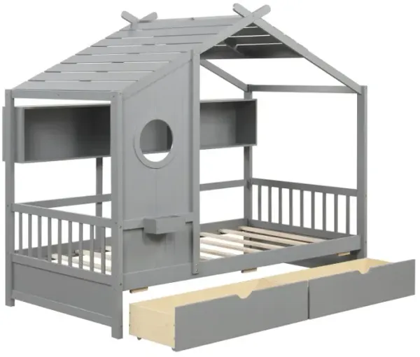 Twin Size House Bed with 2 Storage Drawers and Fence Guardrails