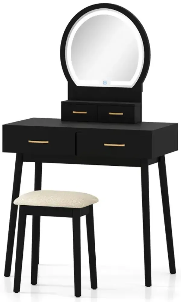 Small Vanity Makeup Dressing Table Set with Cushioned Stool and LED Lighted Mirror