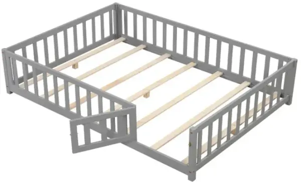 Montessori Bed Frame with Full-length Guardrails Safety Door and Latch