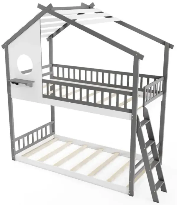 Twin over Twin House Bunk Bed with Roof and Guardrails for Kids