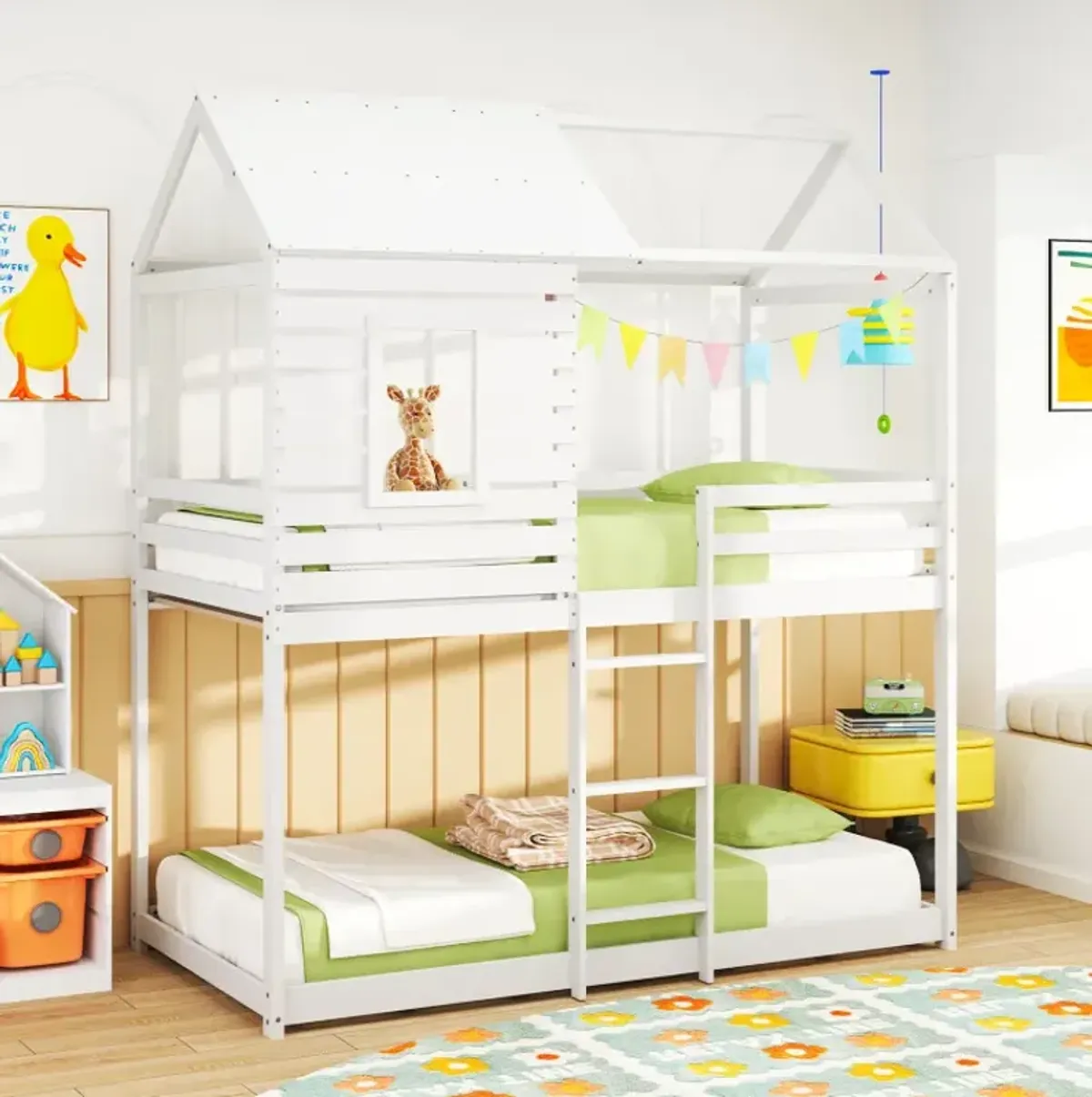 Twin over Twin House Bunk Bed with Roof and Full-length Guardrails