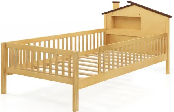 Twin Size Kids Montessori Bed with House-Shaped Headboard and Built-in Storage Shelf