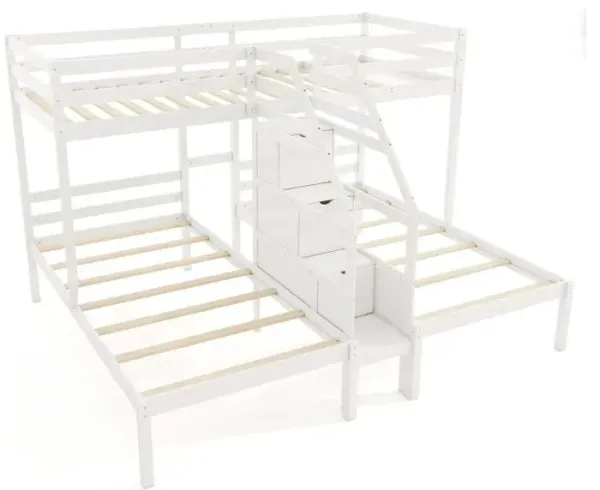 Twin Over Twin and Twin Bunk Bed with Storage Staircase and Guardrail for 3 Kids Teens