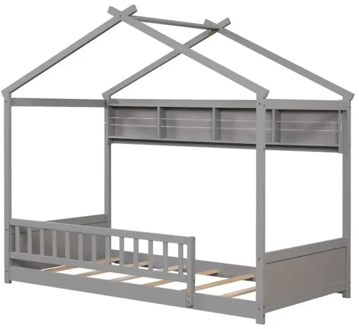 Twin Size House Bed with Storage Shelf and Headboard