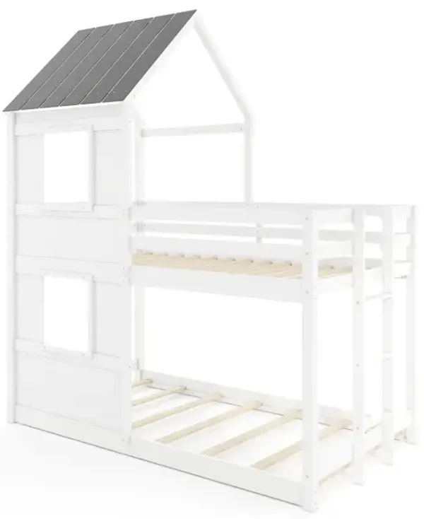 Wooden  Twin Over Twin Bunk Bed with Full-length Safety Guardrail and Ladder