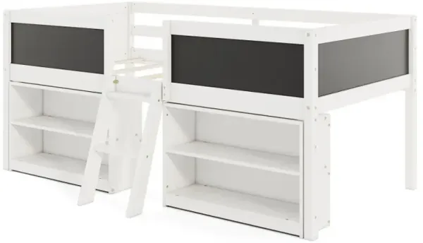 Kid Twin Size Low Loft Bed with Chalkboard Ramp Ladder and Bookcases