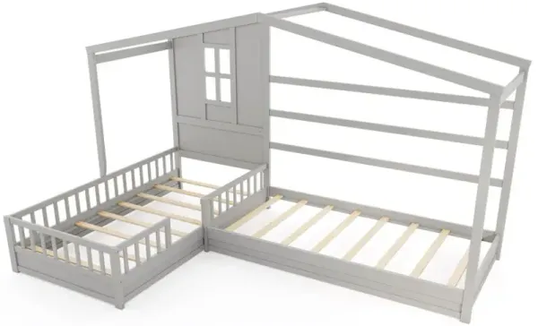 L-shaped Double Twin Beds House Platform Beds with Fences Corner Bed Frame