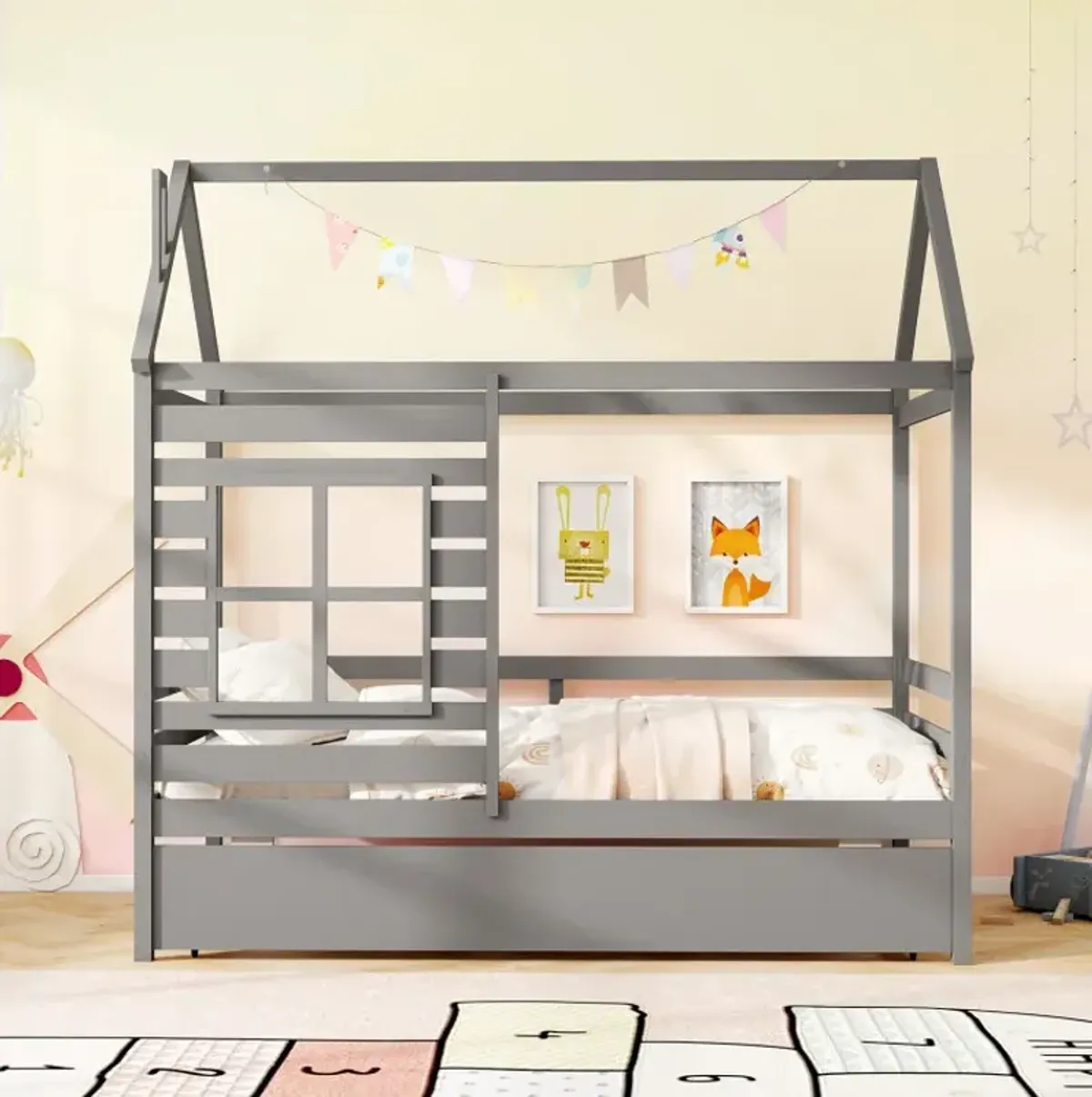 Twin Size Wooden Platform House Bed with Trundle and Roof