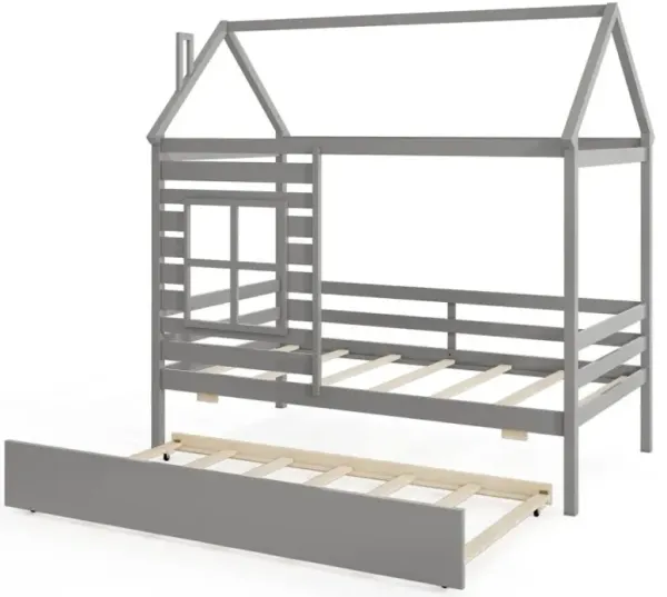 Twin Size Wooden Platform House Bed with Trundle and Roof
