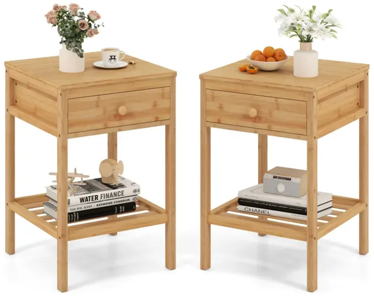 Set of 1/2 Bamboo Nightstand Bedside Table with Storage Drawer and Open Shelf