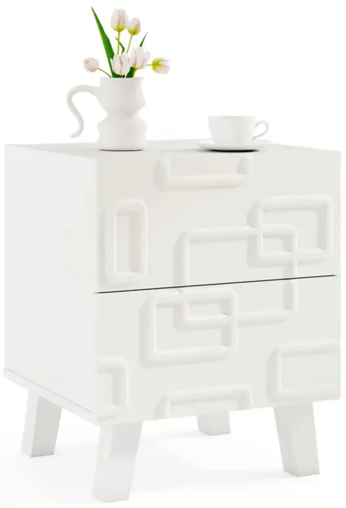 Modern Nightstand Side Table with Drawers and 3D Geometric Patterns