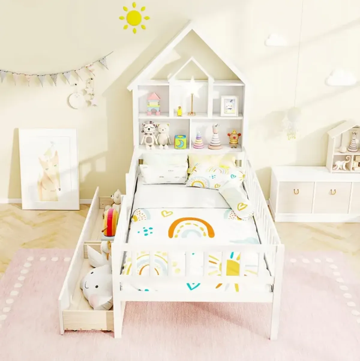 Twin Size House Bed Kids Montessori Bed with House-Shaped Storage Headboard