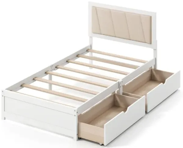 Solid Wood Structure Bed Frame with 2 Drawers Upholstered Headboard