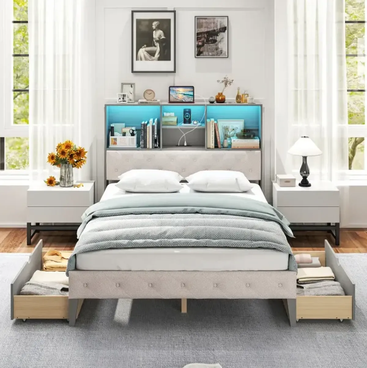 Full Size Bed Frame with Bookcase Headboard and LED Lights