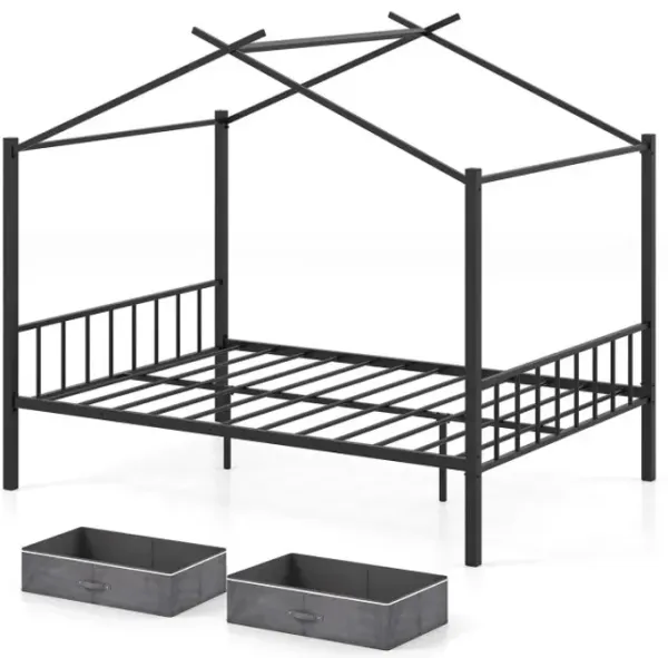 Full Size Metal House Bed with 2 Fabric Drawers for Kids