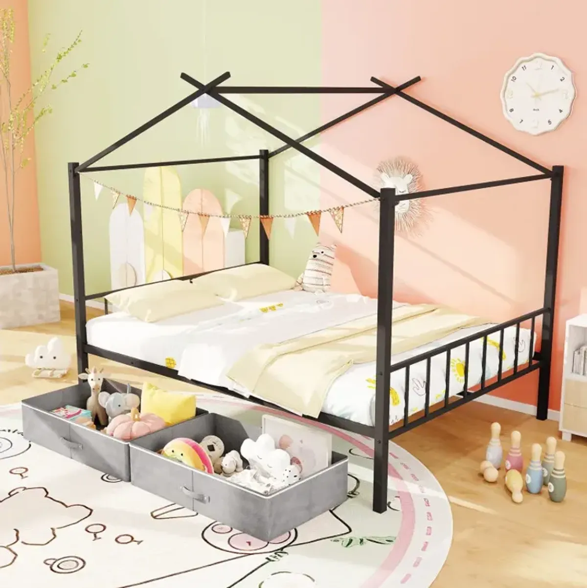 Full Size Metal House Bed with 2 Fabric Drawers for Kids