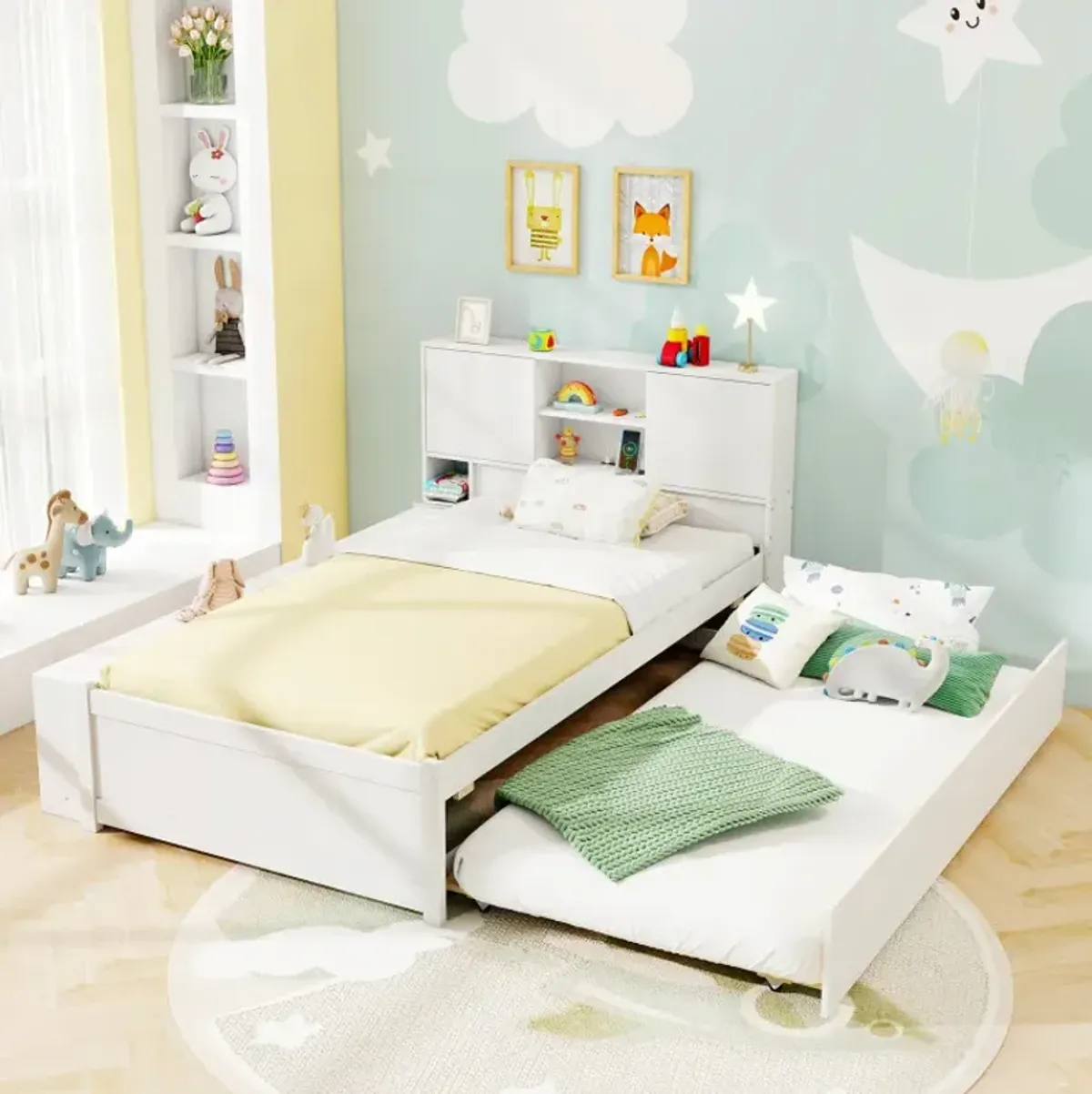 Twin Size Bed Frame with Trundle and Power Outlets