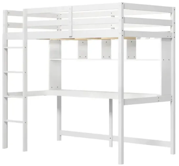Twin Size Loft Bed with Desk and Shelves for Home Dorm Apartment No Box Spring Needed