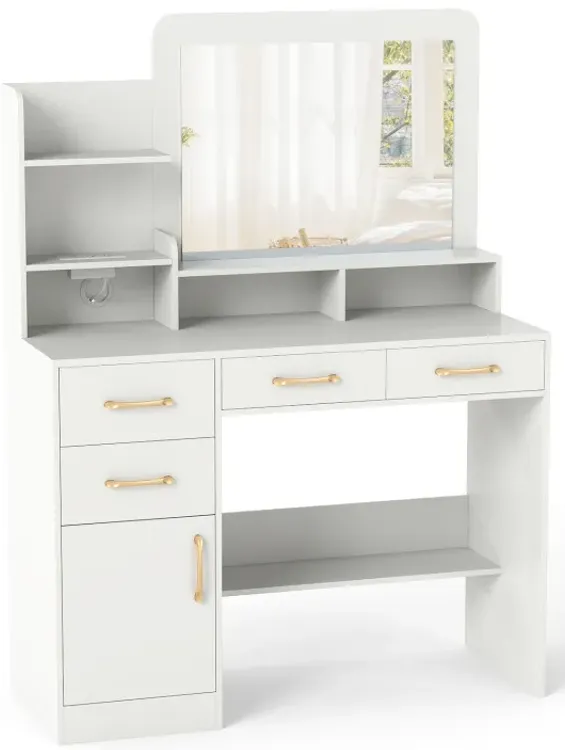 39.5 Inch Vanity Desk with Power Outlets and Mirror for Bedroom